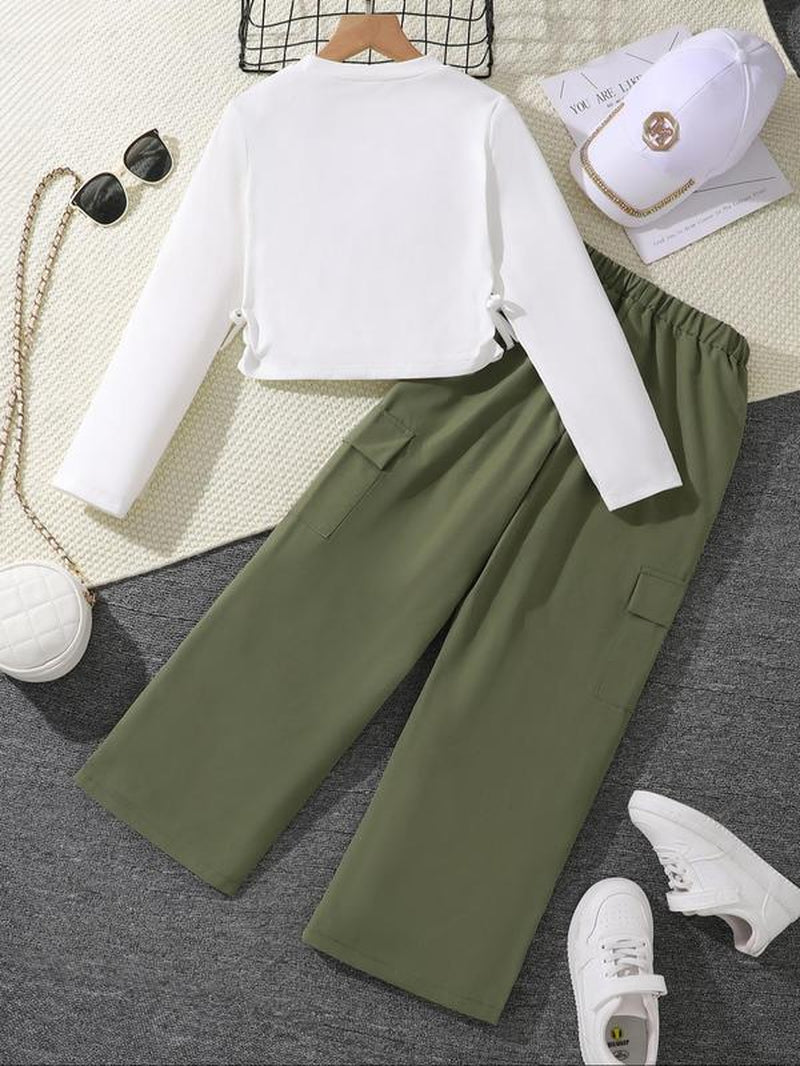 Girl'S Letter Print Crop Long Sleeve Tee & Elastic Waist Cargo Pants Two-Piece Set, Casual round Neck Long Sleeve Top & Pocket Trousers for Spring & Fall, Kids Clothes for Daily Wear