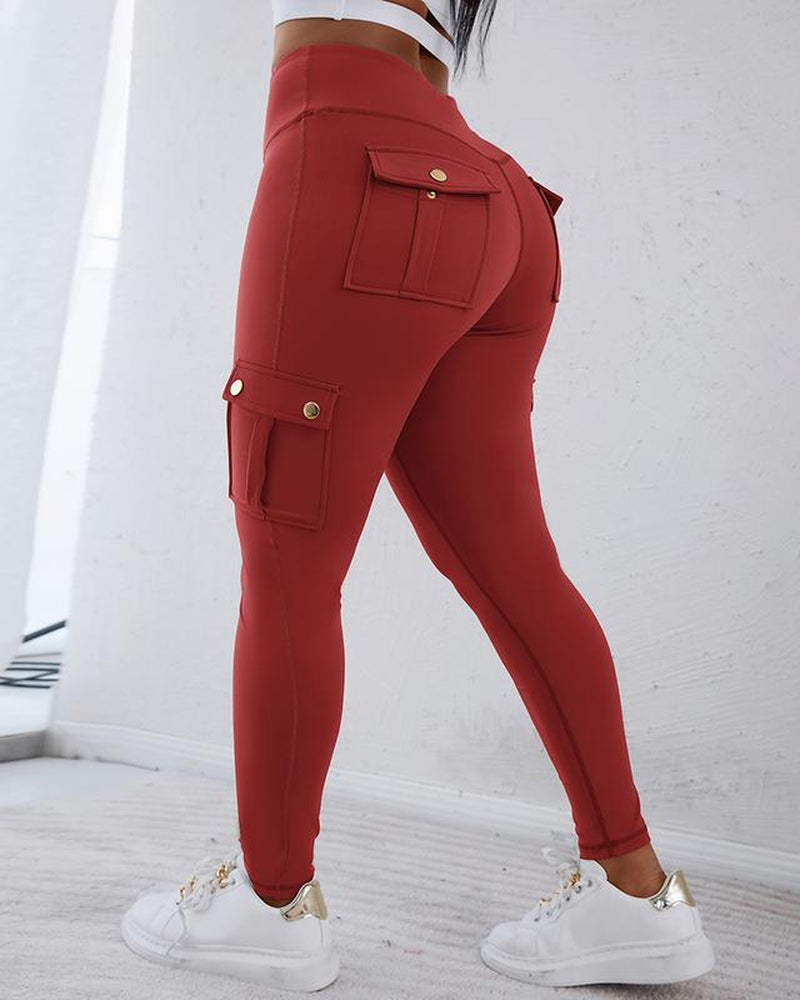 Chicme Womens Butt Lifting Leggings with Flap Pockets High Waist Tummy Control Workout Cargo Leggings Yoga Pants Stretchable Gym Training Fitness