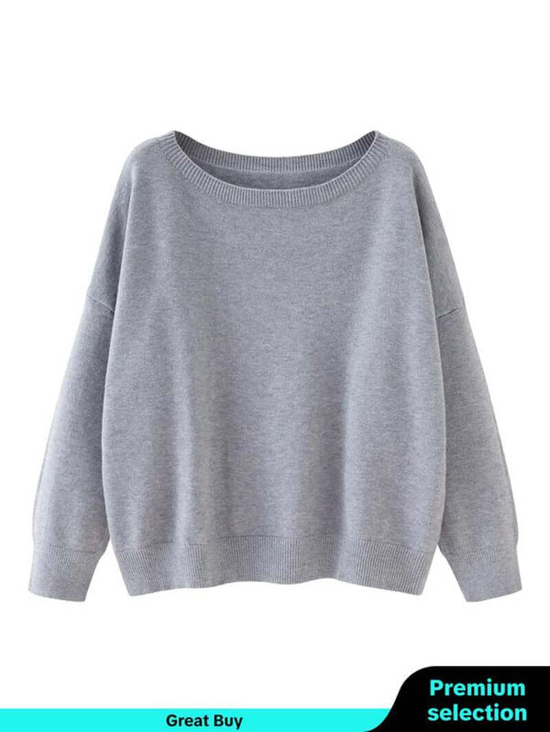 Women's gray scoop neck sweater, casual drop shoulder long sleeve jumper for fall and winter wear.