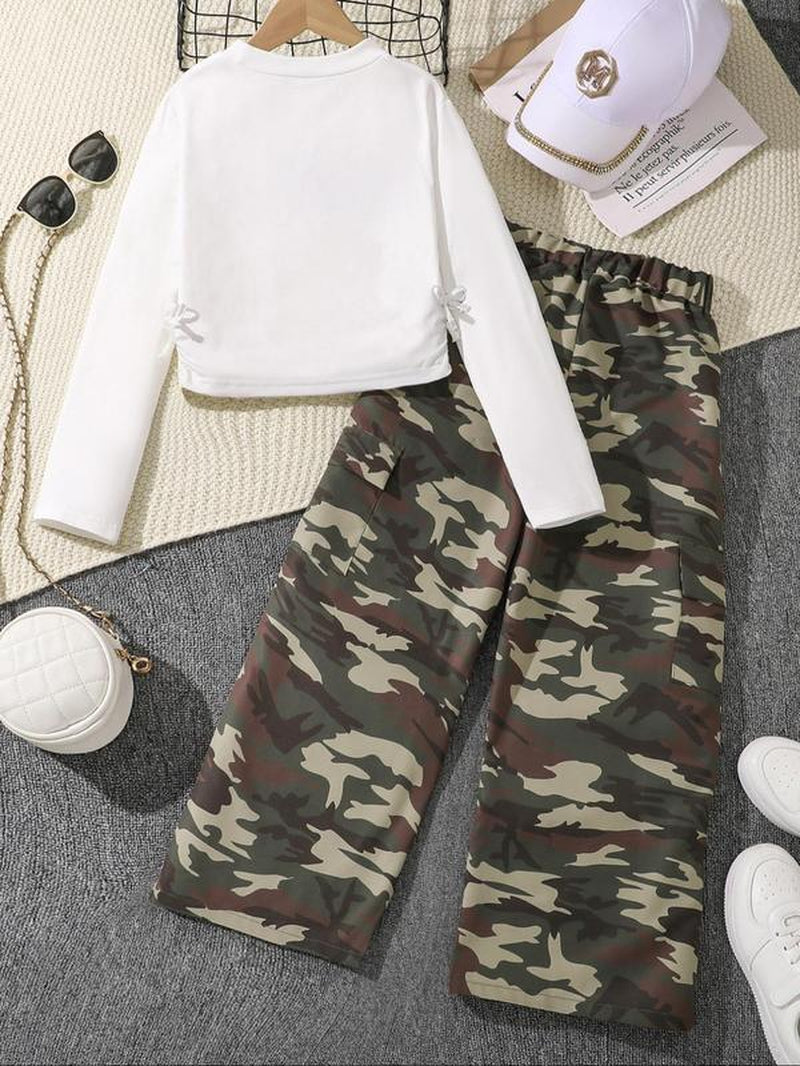Girl'S Letter Print Crop Long Sleeve Tee & Elastic Waist Cargo Pants Two-Piece Set, Casual round Neck Long Sleeve Top & Pocket Trousers for Spring & Fall, Kids Clothes for Daily Wear