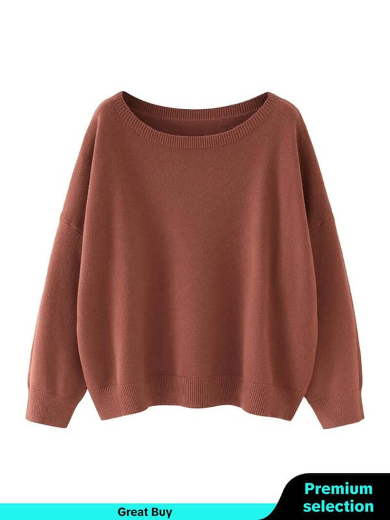 Women’s casual scoop neck sweater in warm brown, featuring long sleeves and drop shoulder design for cozy fall wear.