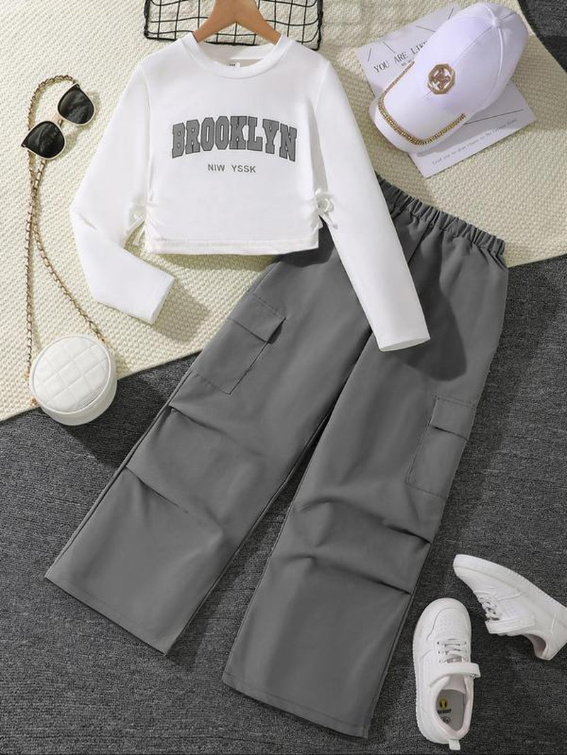 Girl'S Letter Print Crop Long Sleeve Tee & Elastic Waist Cargo Pants Two-Piece Set, Casual round Neck Long Sleeve Top & Pocket Trousers for Spring & Fall, Kids Clothes for Daily Wear