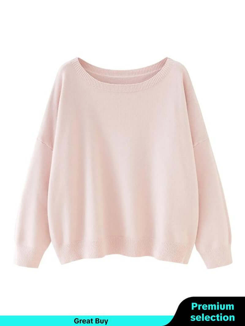 Women's plain scoop neck sweater in soft pink, featuring drop shoulder long sleeves, perfect for fall and winter.