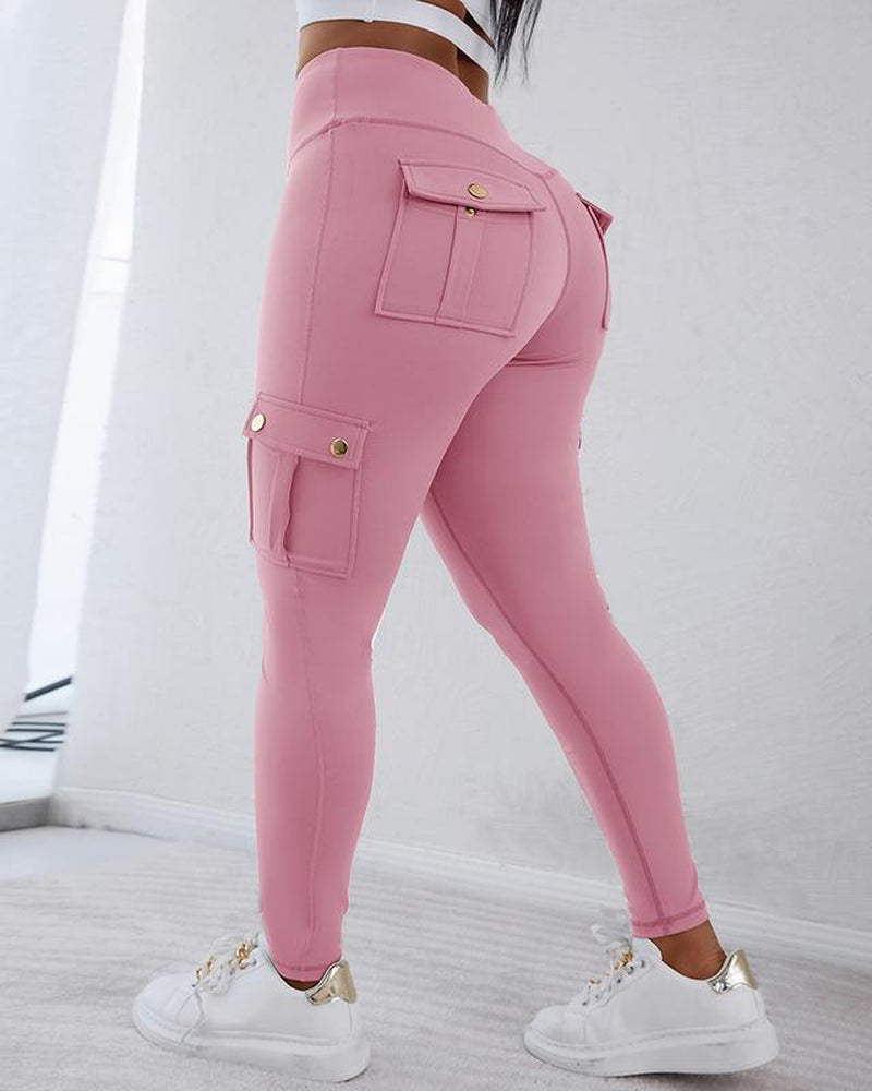 Chicme Womens Butt Lifting Leggings with Flap Pockets High Waist Tummy Control Workout Cargo Leggings Yoga Pants Stretchable Gym Training Fitness