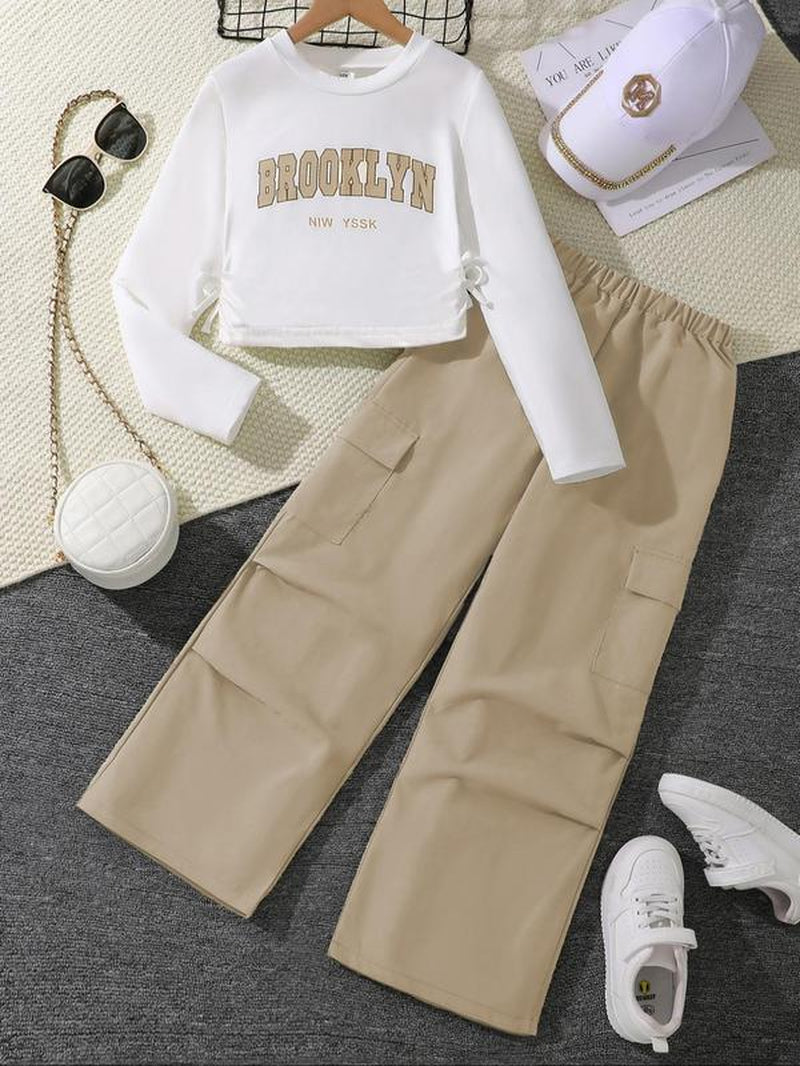 Girl'S Letter Print Crop Long Sleeve Tee & Elastic Waist Cargo Pants Two-Piece Set, Casual round Neck Long Sleeve Top & Pocket Trousers for Spring & Fall, Kids Clothes for Daily Wear