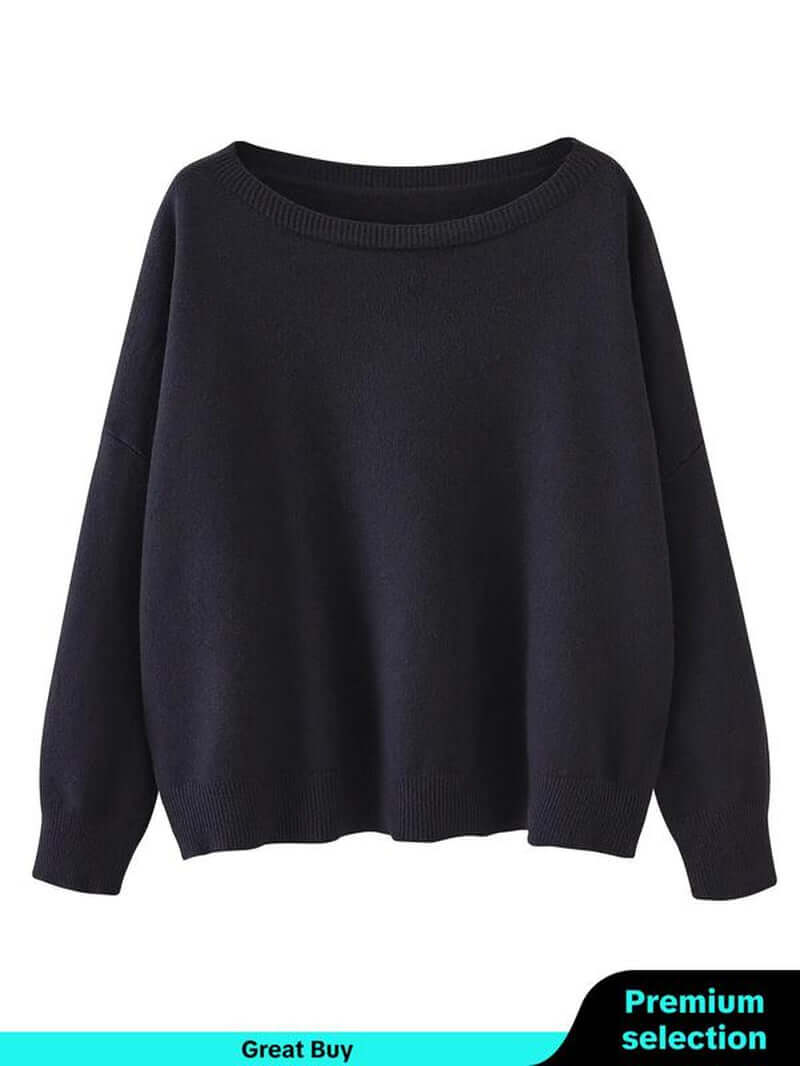 Women's casual scoop neck sweater in dark blue, featuring drop shoulder long sleeves for cozy fall and winter wear.