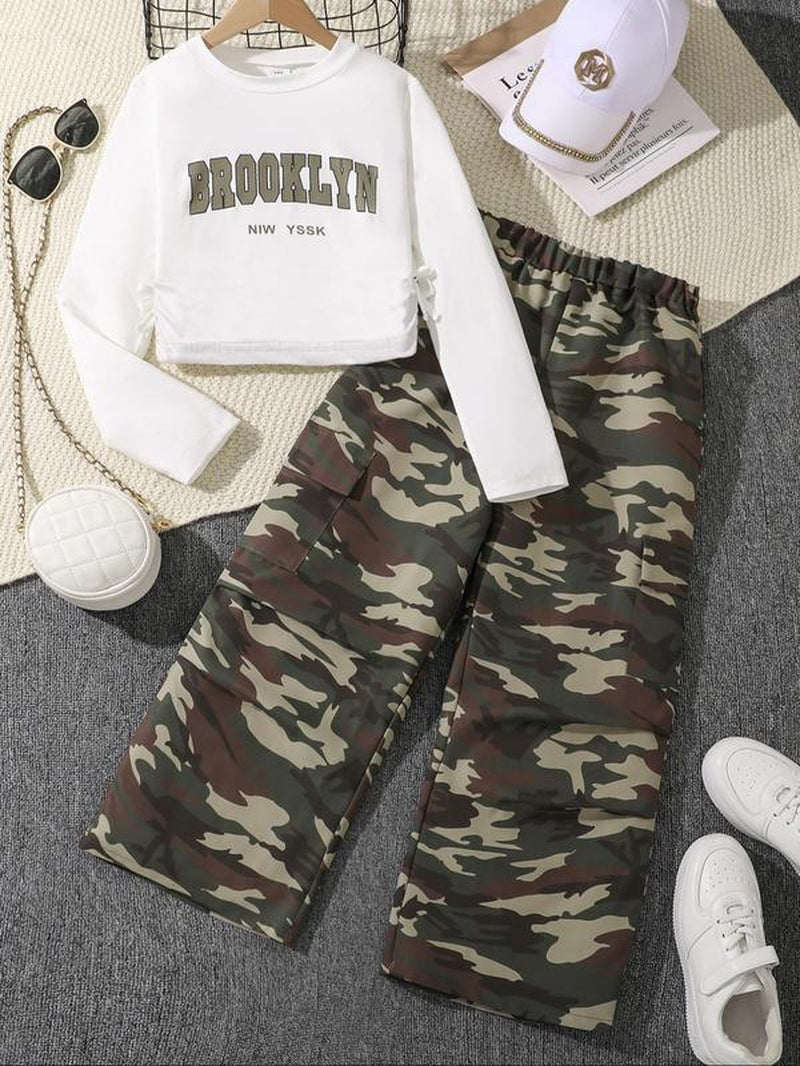 Girl'S Letter Print Crop Long Sleeve Tee & Elastic Waist Cargo Pants Two-Piece Set, Casual round Neck Long Sleeve Top & Pocket Trousers for Spring & Fall, Kids Clothes for Daily Wear
