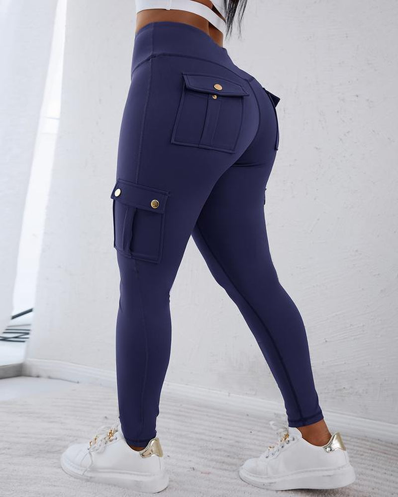 Chicme Womens Butt Lifting Leggings with Flap Pockets High Waist Tummy Control Workout Cargo Leggings Yoga Pants Stretchable Gym Training Fitness