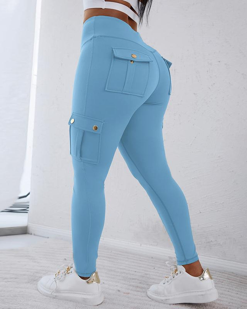 Chicme Womens Butt Lifting Leggings with Flap Pockets High Waist Tummy Control Workout Cargo Leggings Yoga Pants Stretchable Gym Training Fitness