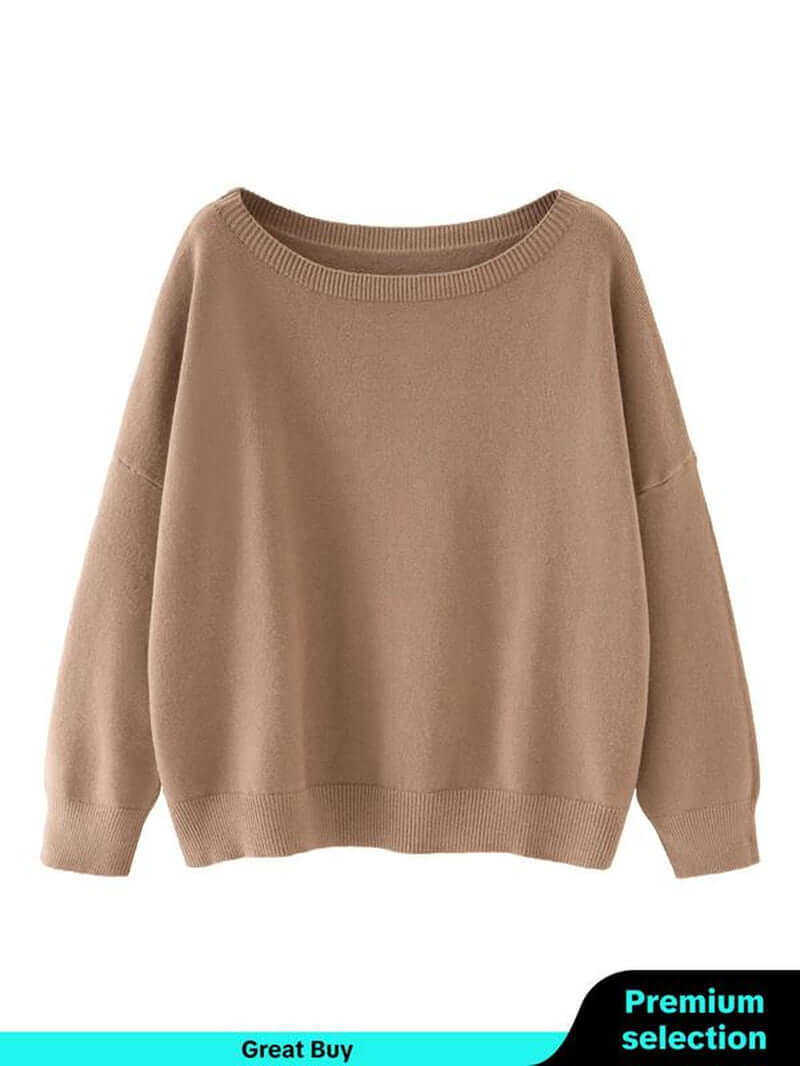 Women’s plain scoop neck sweater in beige, featuring drop shoulder long sleeves, perfect for fall and winter wear.