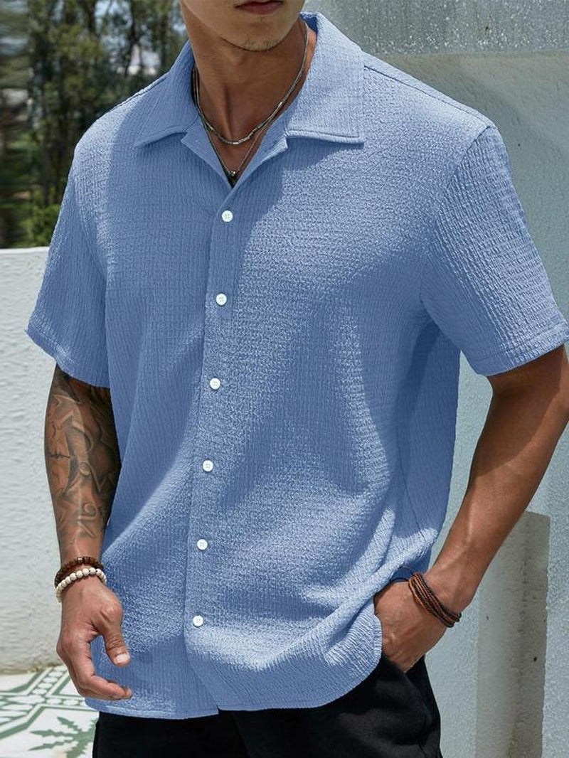 Men'S Textured Button Front Shirt, Casual Regular Fit Short Sleeve Collar Top, Back-To-School Clothing, Shirts for Men, Fashion Streetwear Men'S Summer Clothes for Daily Wear, Birthday Gifts, Mens Clothing, Mens Shirts, Gifts for Dad, Menswear