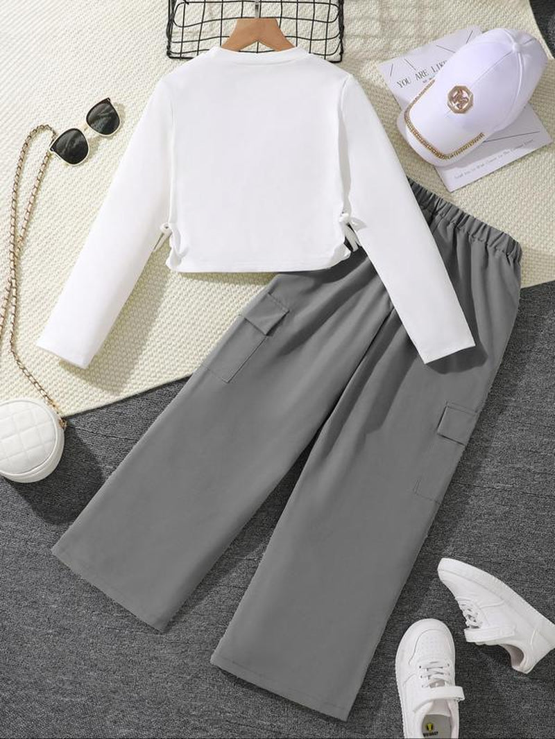 Girl'S Letter Print Crop Long Sleeve Tee & Elastic Waist Cargo Pants Two-Piece Set, Casual round Neck Long Sleeve Top & Pocket Trousers for Spring & Fall, Kids Clothes for Daily Wear
