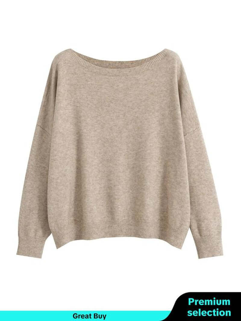 Beige women's scoop neck sweater with long sleeves, ideal for fall and winter casual wear.
