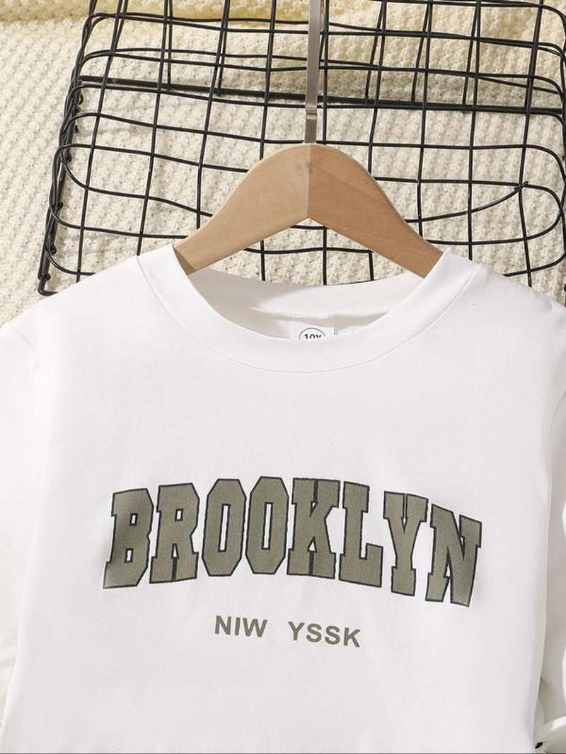 Girl'S Letter Print Crop Long Sleeve Tee & Elastic Waist Cargo Pants Two-Piece Set, Casual round Neck Long Sleeve Top & Pocket Trousers for Spring & Fall, Kids Clothes for Daily Wear