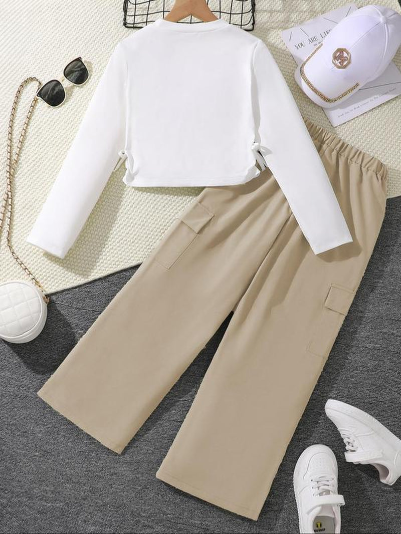 Girl'S Letter Print Crop Long Sleeve Tee & Elastic Waist Cargo Pants Two-Piece Set, Casual round Neck Long Sleeve Top & Pocket Trousers for Spring & Fall, Kids Clothes for Daily Wear