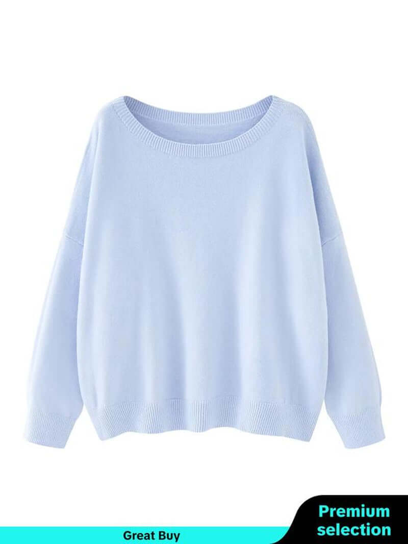 Light blue women's scoop neck sweater with drop shoulder design, perfect for casual fall and winter wear.