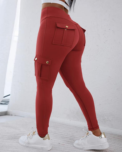 Chicme Womens Butt Lifting Leggings with Flap Pockets High Waist Tummy Control Workout Cargo Leggings Yoga Pants Stretchable Gym Training Fitness