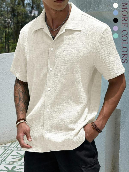 Men'S Textured Button Front Shirt, Casual Regular Fit Short Sleeve Collar Top, Back-To-School Clothing, Shirts for Men, Fashion Streetwear Men'S Summer Clothes for Daily Wear, Birthday Gifts, Mens Clothing, Mens Shirts, Gifts for Dad, Menswear