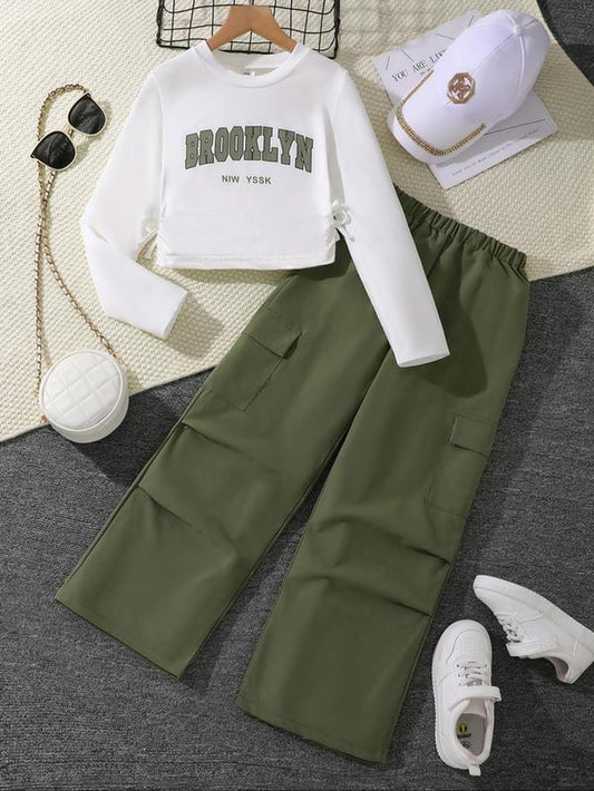 Girl'S Letter Print Crop Long Sleeve Tee & Elastic Waist Cargo Pants Two-Piece Set, Casual round Neck Long Sleeve Top & Pocket Trousers for Spring & Fall, Kids Clothes for Daily Wear