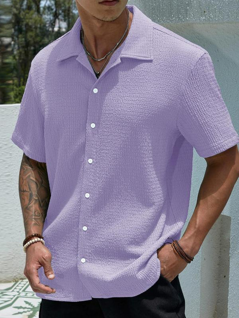 Men'S Textured Button Front Shirt, Casual Regular Fit Short Sleeve Collar Top, Back-To-School Clothing, Shirts for Men, Fashion Streetwear Men'S Summer Clothes for Daily Wear, Birthday Gifts, Mens Clothing, Mens Shirts, Gifts for Dad, Menswear