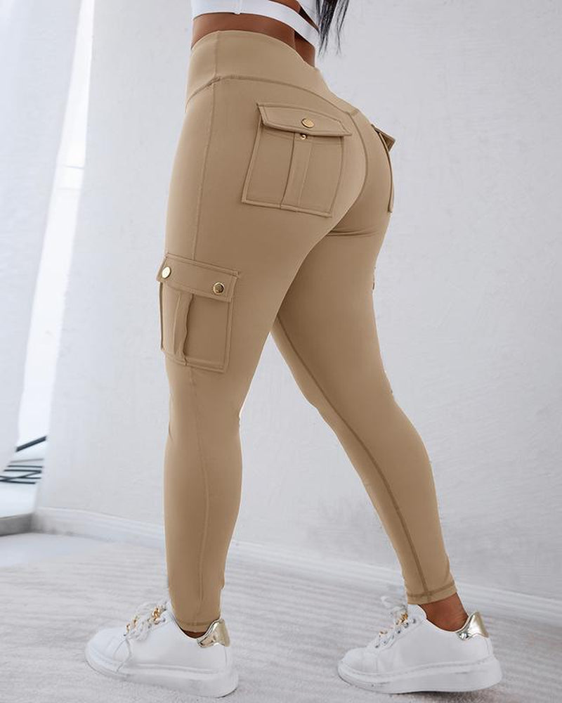 Chicme Womens Butt Lifting Leggings with Flap Pockets High Waist Tummy Control Workout Cargo Leggings Yoga Pants Stretchable Gym Training Fitness