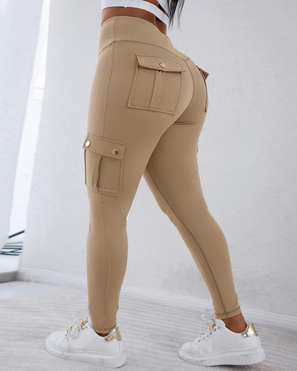 Chicme Womens Butt Lifting Leggings with Flap Pockets High Waist Tummy Control Workout Cargo Leggings Yoga Pants Stretchable Gym Training Fitness