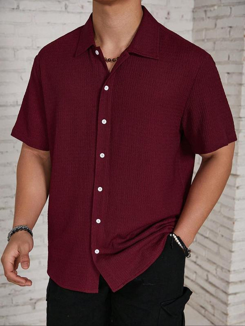 Men'S Textured Button Front Shirt, Casual Regular Fit Short Sleeve Collar Top, Back-To-School Clothing, Shirts for Men, Fashion Streetwear Men'S Summer Clothes for Daily Wear, Birthday Gifts, Mens Clothing, Mens Shirts, Gifts for Dad, Menswear