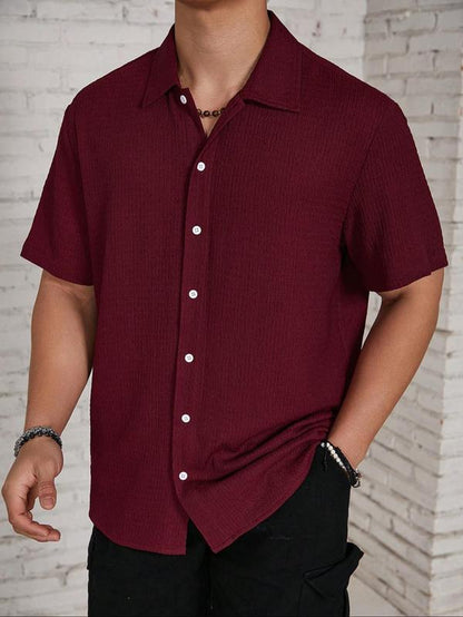 Men'S Textured Button Front Shirt, Casual Regular Fit Short Sleeve Collar Top, Back-To-School Clothing, Shirts for Men, Fashion Streetwear Men'S Summer Clothes for Daily Wear, Birthday Gifts, Mens Clothing, Mens Shirts, Gifts for Dad, Menswear