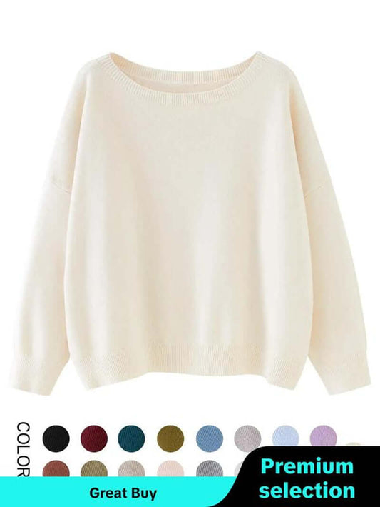 Women's casual cream scoop neck sweater with drop shoulder, ideal for fall and winter layering.