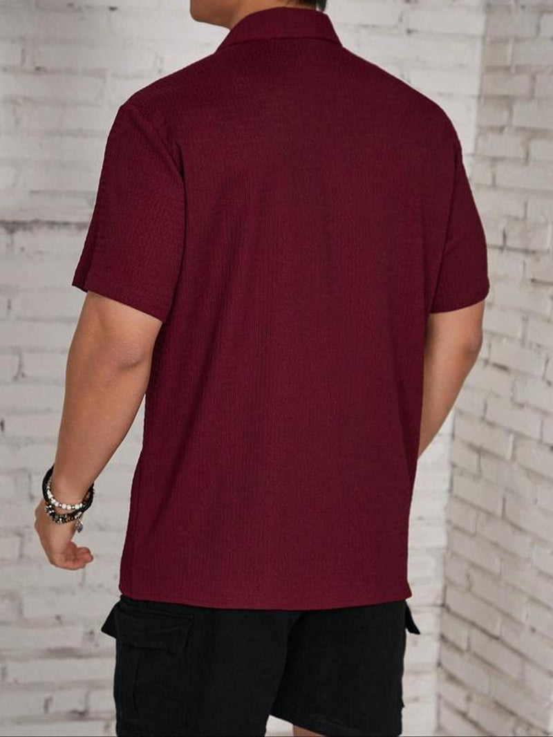 Men'S Textured Button Front Shirt, Casual Regular Fit Short Sleeve Collar Top, Back-To-School Clothing, Shirts for Men, Fashion Streetwear Men'S Summer Clothes for Daily Wear, Birthday Gifts, Mens Clothing, Mens Shirts, Gifts for Dad, Menswear