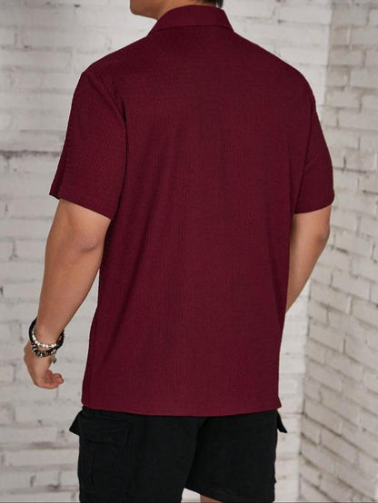 Men'S Textured Button Front Shirt, Casual Regular Fit Short Sleeve Collar Top, Back-To-School Clothing, Shirts for Men, Fashion Streetwear Men'S Summer Clothes for Daily Wear, Birthday Gifts, Mens Clothing, Mens Shirts, Gifts for Dad, Menswear