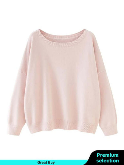 Women's plain scoop neck sweater in soft pink, featuring drop shoulder long sleeves, perfect for fall and winter.