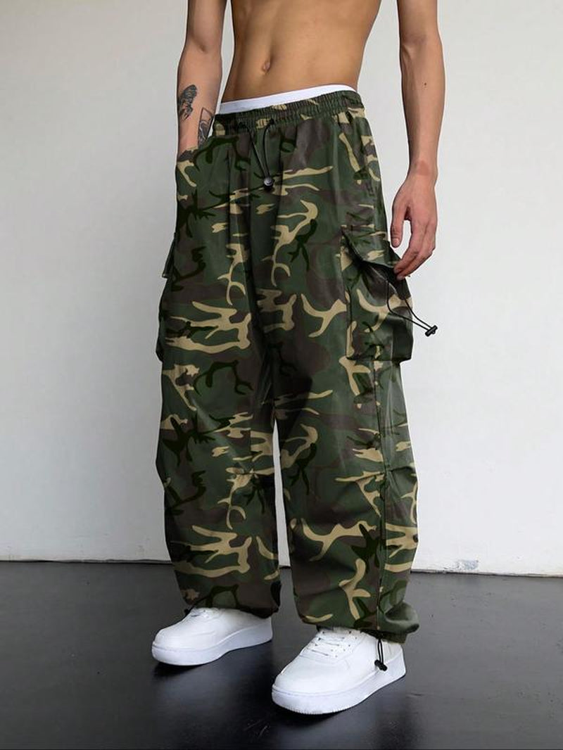 Men's Casual Loose-Fit Cargo Pants with Drawstring Waist and Pockets for Fall