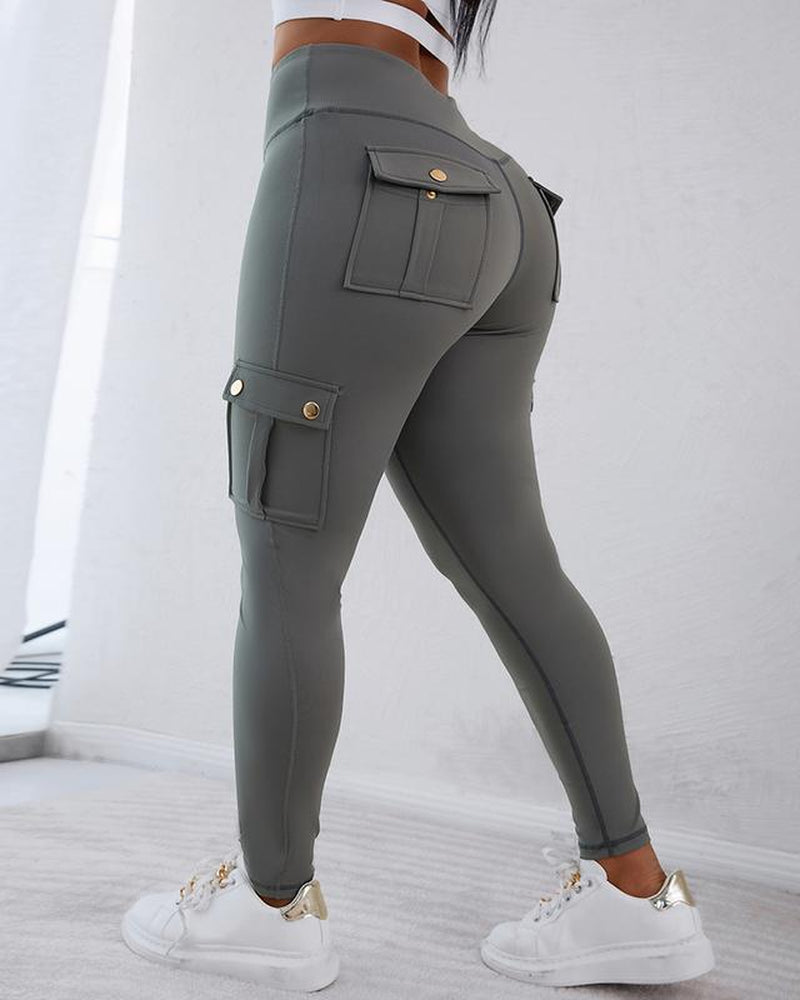 Chicme Womens Butt Lifting Leggings with Flap Pockets High Waist Tummy Control Workout Cargo Leggings Yoga Pants Stretchable Gym Training Fitness