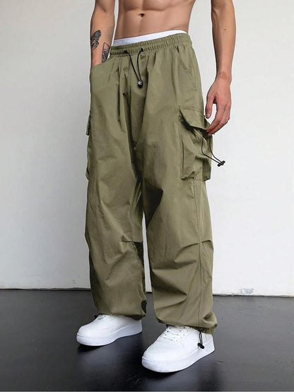 Men's Casual Loose-Fit Cargo Pants with Drawstring Waist and Pockets for Fall