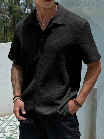 Men'S Textured Button Front Shirt, Casual Regular Fit Short Sleeve Collar Top, Back-To-School Clothing, Shirts for Men, Fashion Streetwear Men'S Summer Clothes for Daily Wear, Birthday Gifts, Mens Clothing, Mens Shirts, Gifts for Dad, Menswear