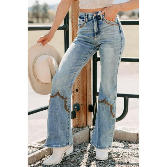 Mira Western Embroidered Saige Denim Flare Jeans (Medium Dark)