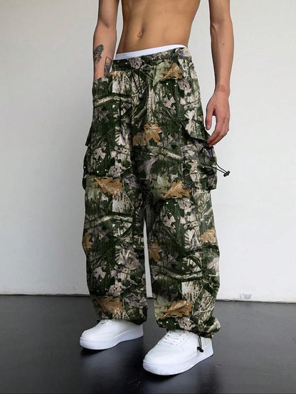 Men's Casual Loose-Fit Cargo Pants with Drawstring Waist and Pockets for Fall