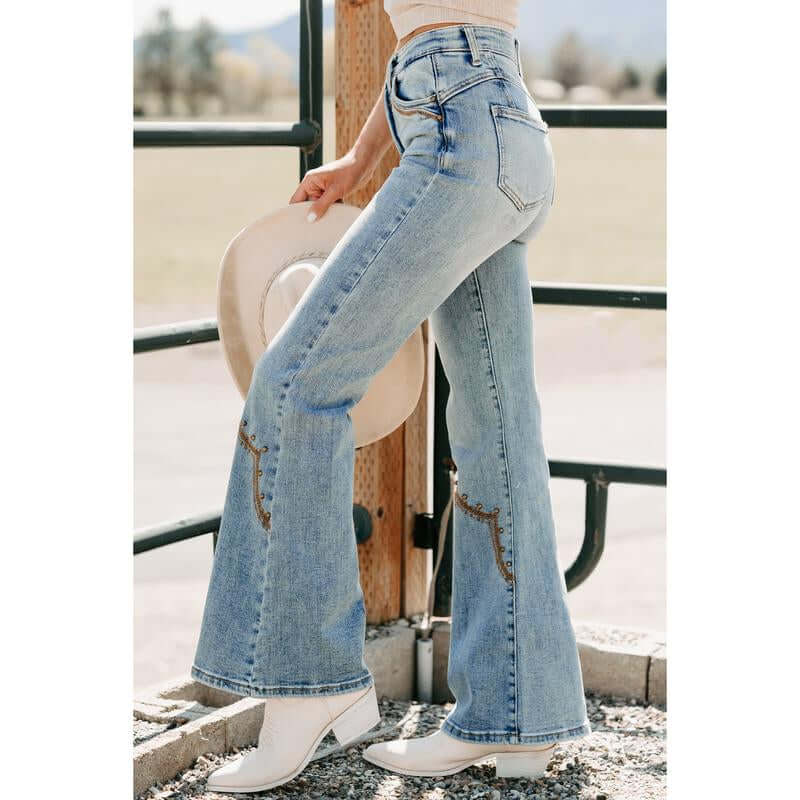 Mira Western Embroidered Saige Denim Flare Jeans (Medium Dark)