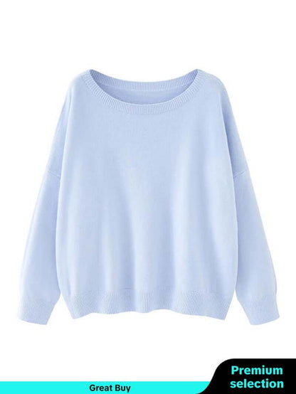 Light blue women’s scoop neck sweater with drop shoulders, perfect for casual fall and winter wear.