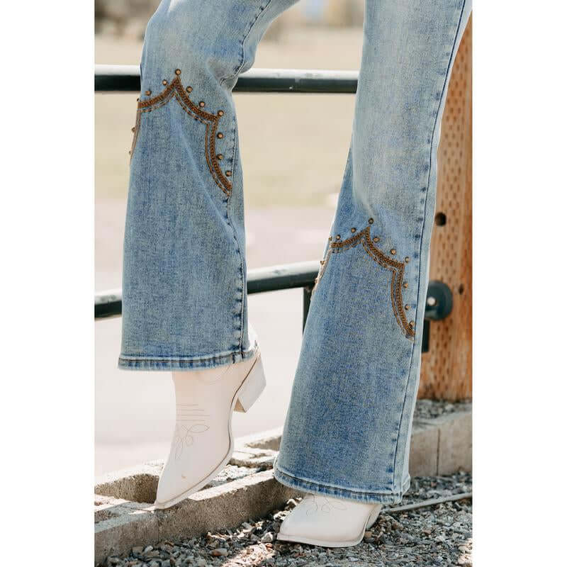 Mira Western Embroidered Saige Denim Flare Jeans (Medium Dark)