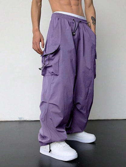 Men's Casual Loose-Fit Cargo Pants with Drawstring Waist and Pockets for Fall
