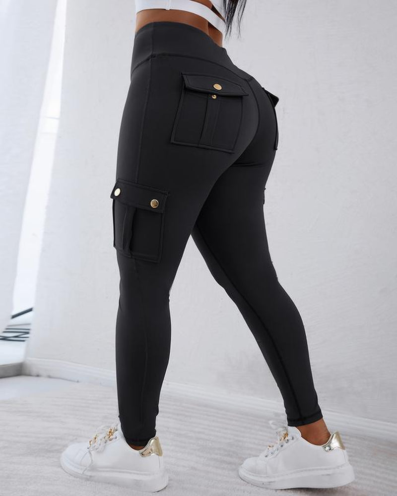 Chicme Womens Butt Lifting Leggings with Flap Pockets High Waist Tummy Control Workout Cargo Leggings Yoga Pants Stretchable Gym Training Fitness