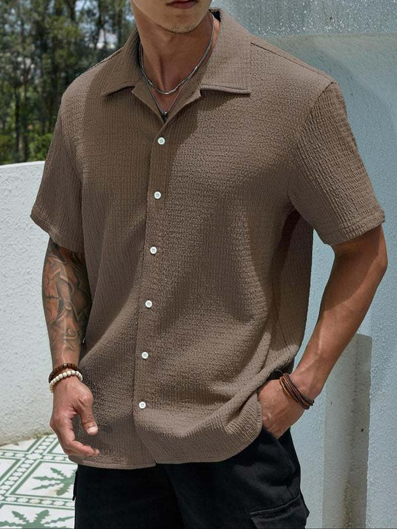 Men'S Textured Button Front Shirt, Casual Regular Fit Short Sleeve Collar Top, Back-To-School Clothing, Shirts for Men, Fashion Streetwear Men'S Summer Clothes for Daily Wear, Birthday Gifts, Mens Clothing, Mens Shirts, Gifts for Dad, Menswear