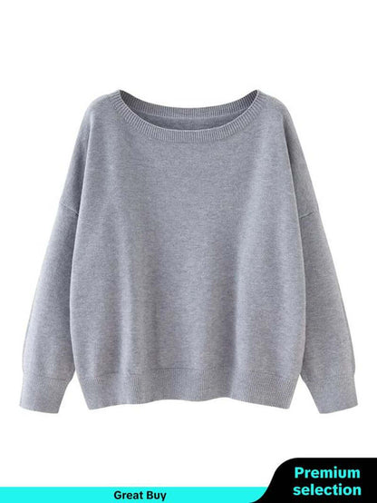 Women's grey scoop neck sweater, casual drop shoulder long sleeve jumper for fall and winter wear.