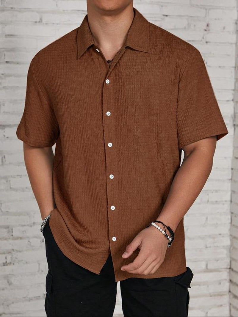 Men'S Textured Button Front Shirt, Casual Regular Fit Short Sleeve Collar Top, Back-To-School Clothing, Shirts for Men, Fashion Streetwear Men'S Summer Clothes for Daily Wear, Birthday Gifts, Mens Clothing, Mens Shirts, Gifts for Dad, Menswear